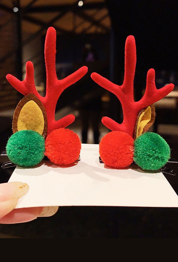 Girls Christmas Acrylic Red Reindeer Antler Santa Xmas Hair Clips Cosplay Accessory with Red and Green Velvet Ball for Christmas
