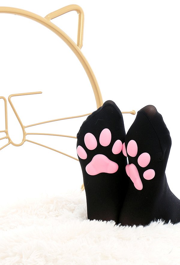 Calcetines de Almohadilla de Pata de Gato Muslo Alto Rosa Lindo 3D Medias de Garra de Gatito Lolita Cat Cosplay 2 Pares Blanco y Negro