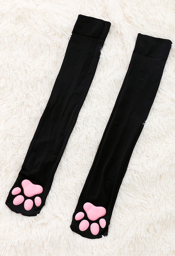 Calcetines de Almohadilla de Pata de Gato Muslo Alto Rosa Lindo 3D Medias de Garra de Gatito Lolita Cat Cosplay 2 Pares Blanco y Negro