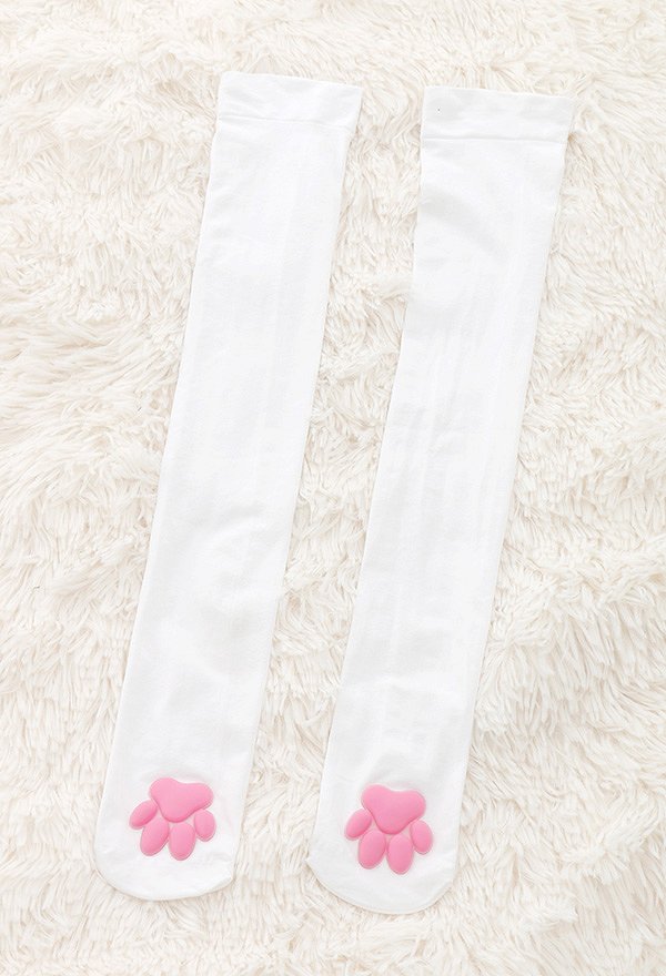 Calcetines de Almohadilla de Pata de Gato Muslo Alto Rosa Lindo 3D Medias de Garra de Gatito Lolita Cat Cosplay 2 Pares Blanco y Negro