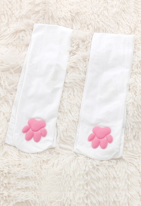Calcetines de Almohadilla de Pata de Gato Muslo Alto Rosa Lindo 3D Medias de Garra de Gatito Lolita Cat Cosplay 2 Pares Blanco y Negro