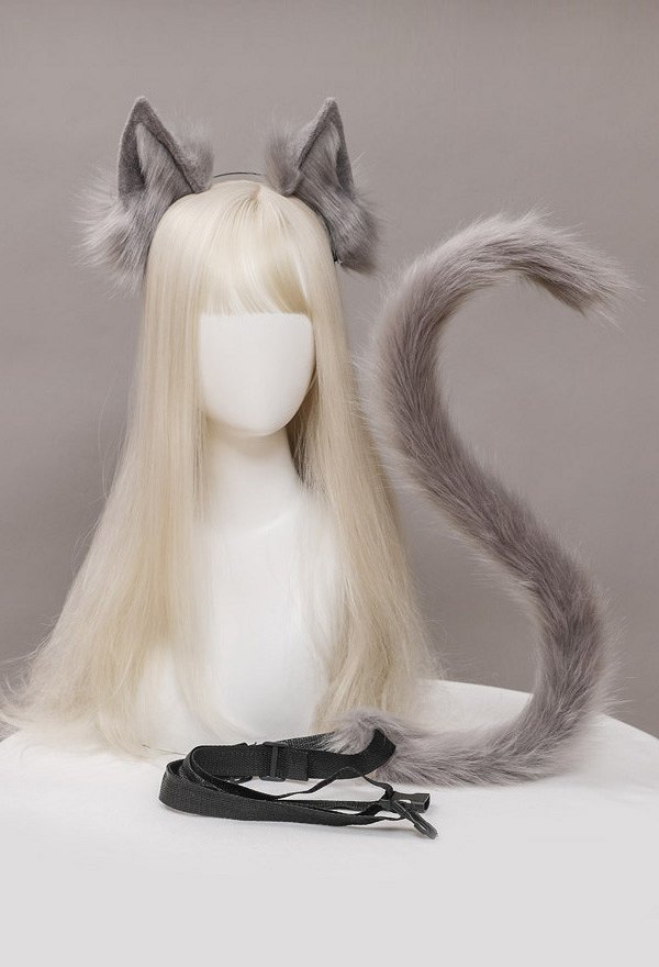 Japanese Style Cat Plush Ears KC and Tail Set Handmade Faux Fur Headband Animal Accesorios
