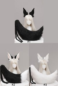 Women Kawaii Lolita Black Furry Anubis Derivative Headwear Handmade Faux Fur KC Headband Animal Cosplay Accessory Headdress Outfit with Tail and Earrings