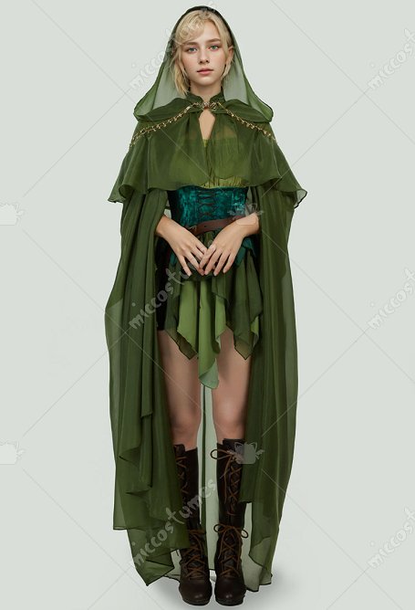 Capa de princesa elfa medieval elegante capa verde con capucha