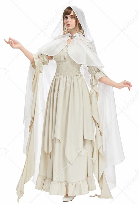 Elfa Medieval Capa de gasa blanca con capucha y cadena decorativa
