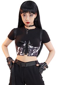 Women Gothic Black Witch Elements Print Lace-up Push Up Underbust Plastic Bone Corset