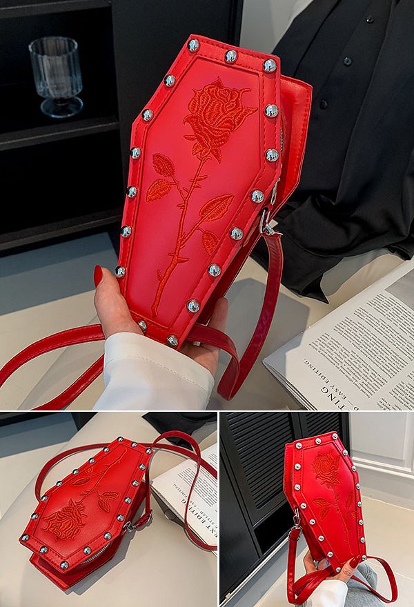 Bolso bandolera gótico de Halloween con forma de ataúd bordado de rosas y remaches