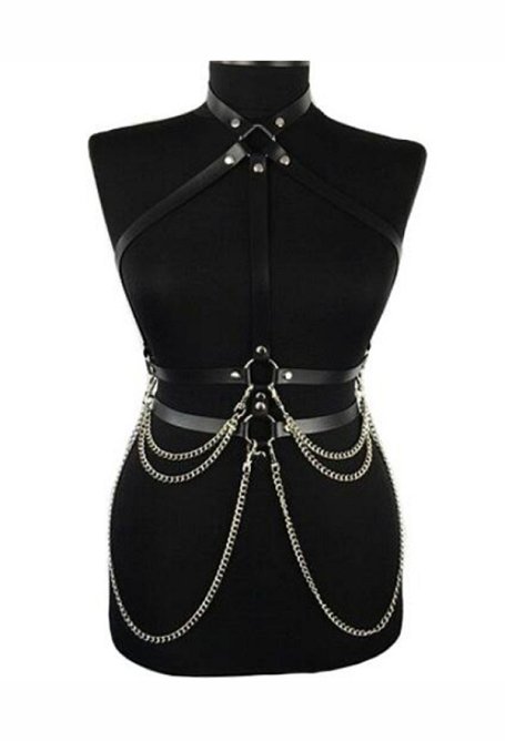 Punk Gothic Dark Style Women Body Harness Belt Faux Leather Waist Chain Jewelry Fashion Cross Waist Accessory with Metal Chain Pendant