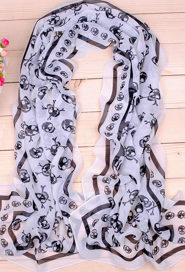 Halloween Chiffon Scarf Skull Print Lightweight Long Shawl Wrap for Women Set of 2