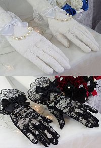Sweet Lolita Elegant Bowknot Beads Cluster Bridal Floral Lace Gloves Gothic Retro Sheer Short Wrist Length Gloves for Wedding Parties