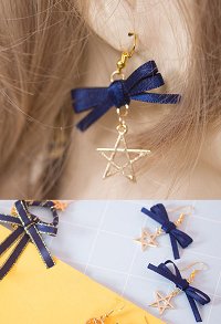 Sweet Lolita Golden Star Pendant Blue Ribbon Bowknot Ear Drop Earrings Silver Elegant Piercing Dangle Earring