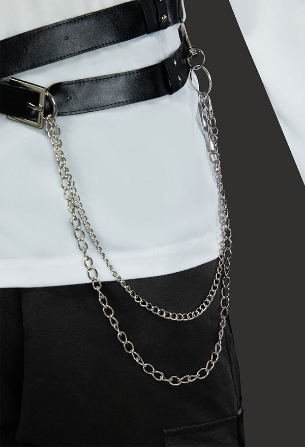 Accesorio de cosplay Love and Deepspace, arnés de cuerpo de cuero negro, conjunto de cinturón con cadena para la cintura, guantes y corbata Accesorio de cosplay Love and Deepspace, arnés de cuerpo de cuero negro, conjunto de cinturón con cadena para la cintura, guantes y corbata