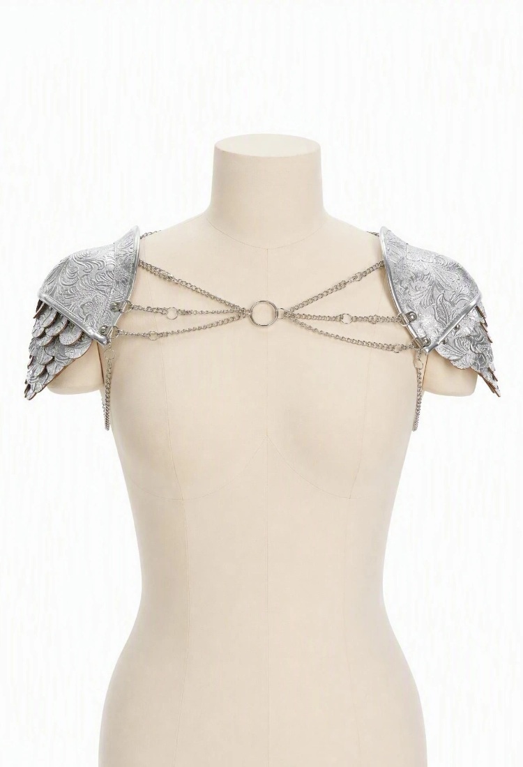 Daizbella Medieval Scale Pauldrons Silver PU Leather Chain Shoulder Armor