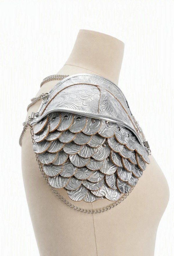 Daizbella Medieval Scale Pauldrons Silver PU Leather Chain Shoulder Armor