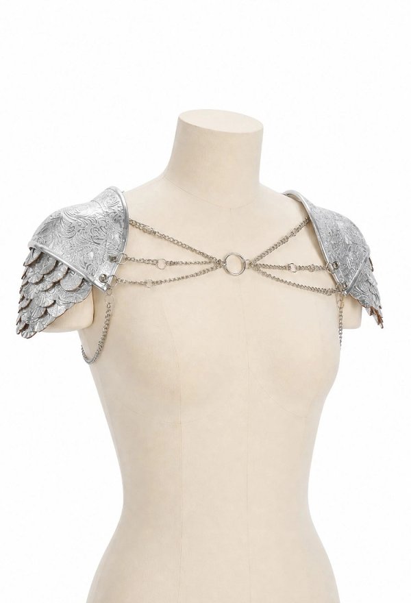 Daizbella Medieval Scale Pauldrons Silver PU Leather Chain Shoulder Armor