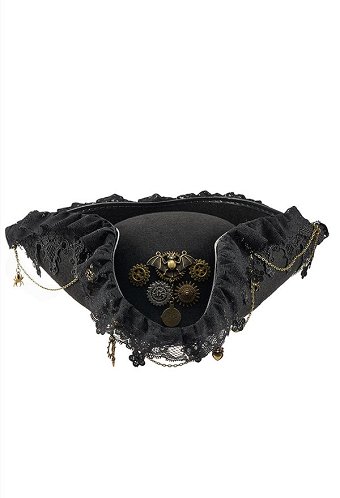 Chapeau de Pirate pour Halloween Style Steampunk Vintage Tricorne avec Engrenages en Forme de Chauve-souris et Détails en Dentelle