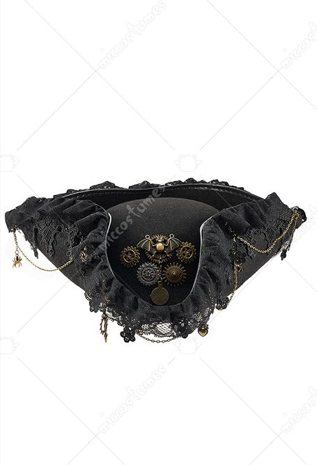 Halloween Pirate Hat Vintage Steampunk Tricorne with Bat Style Gear and Lace Details
