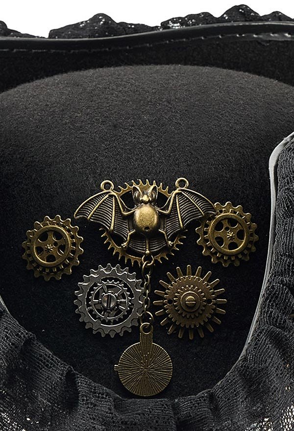 Halloween Pirate Hat Vintage Steampunk Tricorne with Bat Style Gear and Lace Details