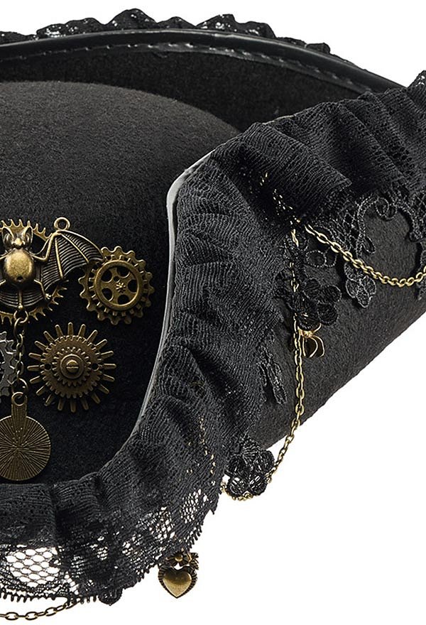 Halloween Pirate Hat Vintage Steampunk Tricorne with Bat Style Gear and Lace Details