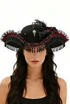 Halloween Piratenkapitänshut dunkler gotischer Dreispitz mit Federn Blumen Spitze Perlenketten Quasten Halloween Piratenkapitänshut dunkler gotischer Dreispitz mit Federn Blumen Spitze Perlenketten Quasten