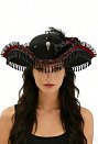 Halloween Pirate Captain Hat Dark Gothic Tricorne with Feathers Flowers Lace Beaded Chains and Tassels