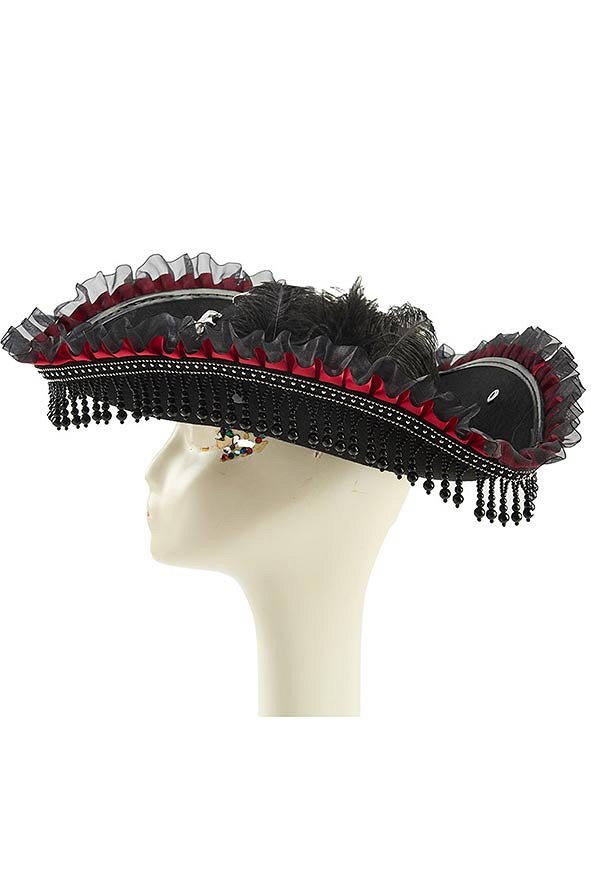 Halloween Pirate Captain Hat Dark Gothic Tricorne with Feathers Flowers Lace Beaded Chains and Tassels