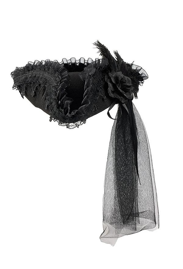 Halloween Captain Pirate Hat Dark Gothic Style Tricorne with Feathers Lace and Tulle