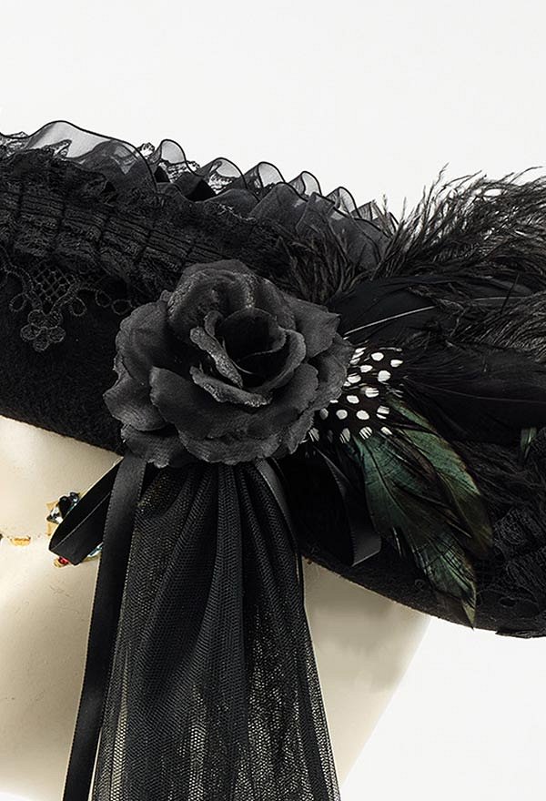 Halloween Captain Pirate Hat Dark Gothic Style Tricorne with Feathers Lace and Tulle