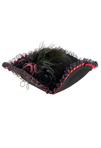 Halloween Pirate Hat Vintage Dark Gothic Style Tricorne with Peacock Feathers Floral Lace and Skull Details