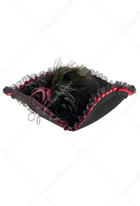 Halloween Piratenhut Vintage Stil dunkel gotischer Dreispitz mit Pfauenfedern floraler Spitze Totenkopf