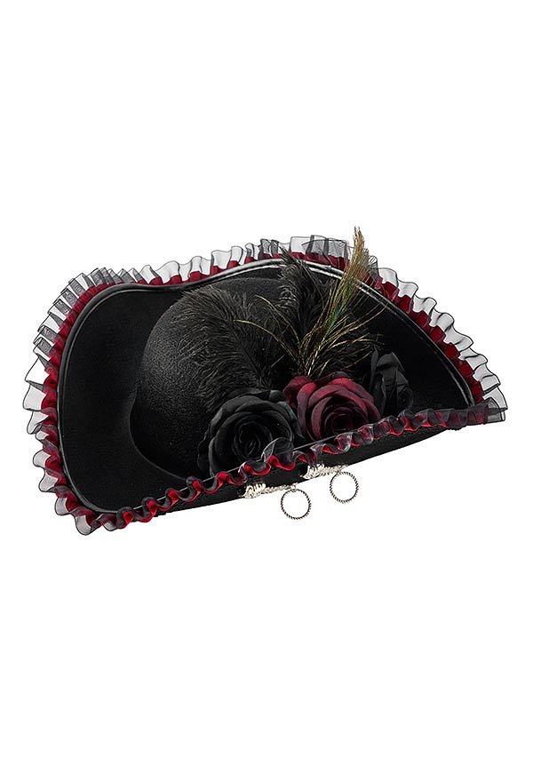 Halloween Piratenhut Vintage Stil dunkel gotischer Dreispitz mit Pfauenfedern floraler Spitze Totenkopf