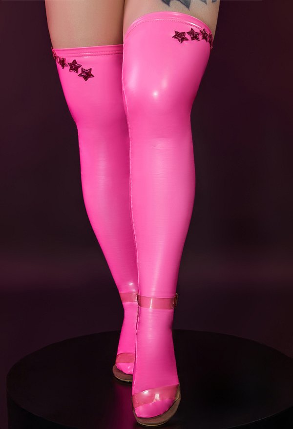 Sexy Shiny Thigh Socks PU Elastic Shaping Stretchy Pink Thigh High Stockings