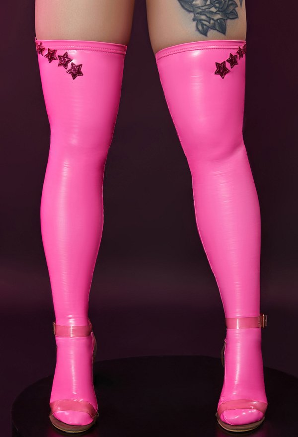 Sexy Shiny Thigh Socks PU Elastic Shaping Stretchy Pink Thigh High Stockings Sexy Shiny Thigh Socks PU Elastic Shaping Stretchy Pink Thigh High Stockings