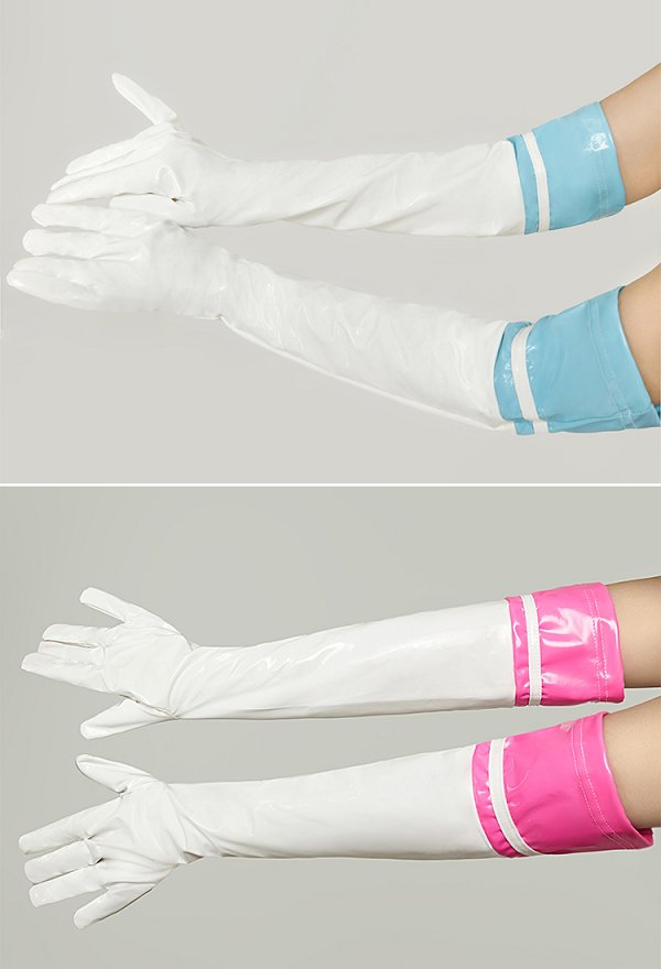 Accessoire de Lingerie Gants Sexuels en Cuir PU Gants Montants Roses et Blancs ou Bleus et Blancs pour Femme