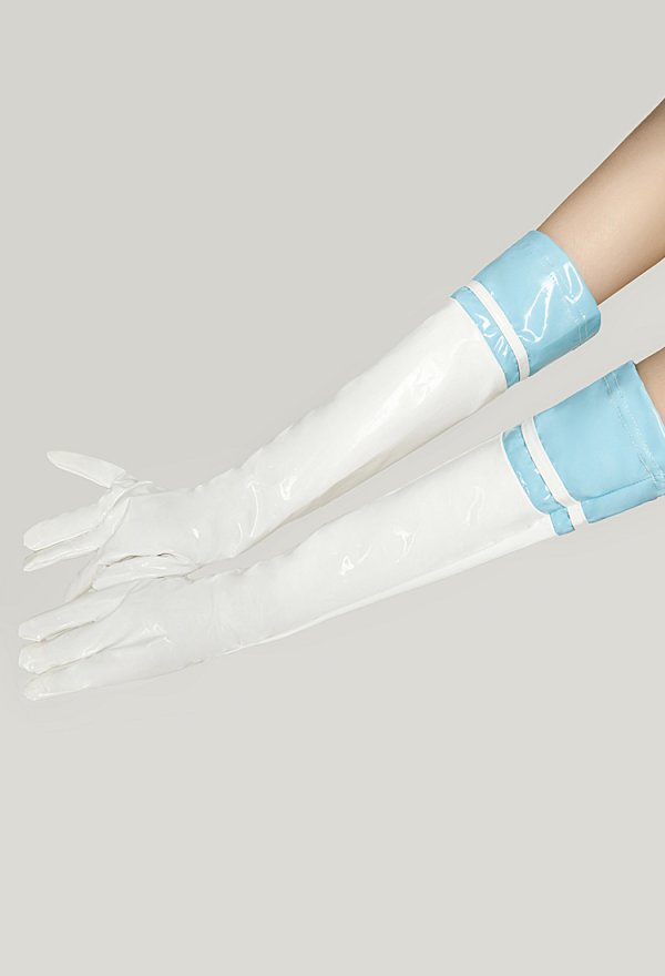 Accessoire de Lingerie Gants Sexuels en Cuir PU Gants Montants Roses et Blancs ou Bleus et Blancs pour Femme