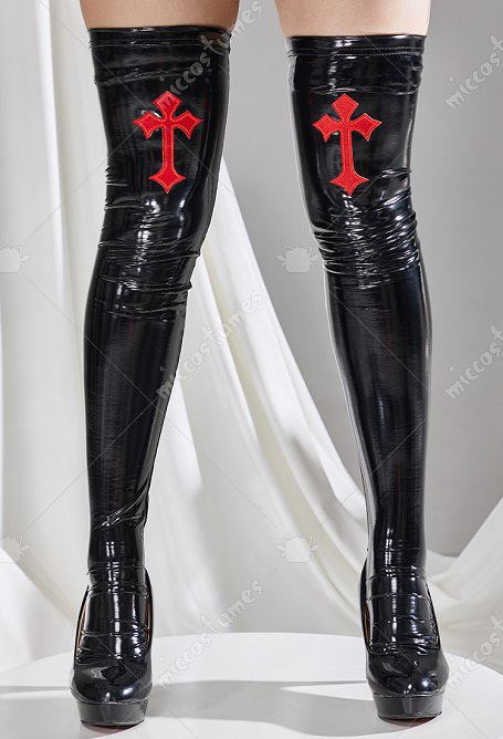 Accessoires de Lingerie Halloween Bas Croix Nonne Cuir Rouge Noir pour Femme