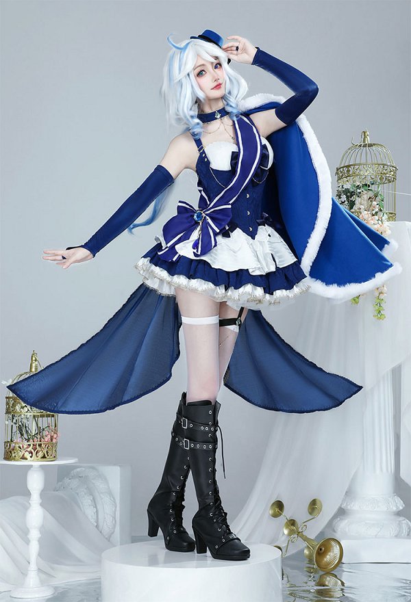Furina Derivative Blue Shawl White Furry Hem Cloak Cosplay Costume