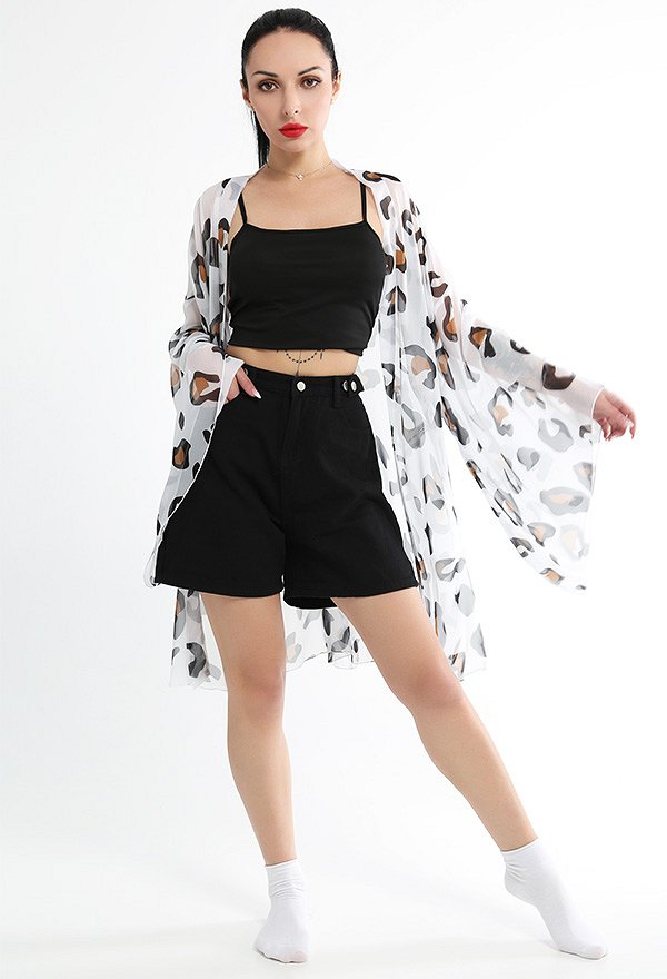 Miccostumes Trajes de baño Cubierta para mujer Estampado de leopardo y vaca Kimono Cárdigan de gasa transparente
