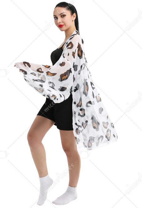 Damen Leopard Schneeleopard Muster Haori Lange Arm Chiffon Jacke Kimono