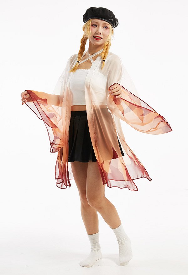 Kimono en mousseline à fente latérale et couverture de couleur dégradée