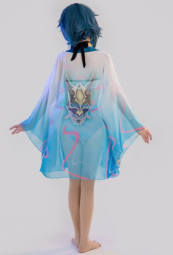 Xiao Derivative Haori Cover-up with Gradient Blue Wave Pattern Wide Sleeve Summer Kimono Coverups