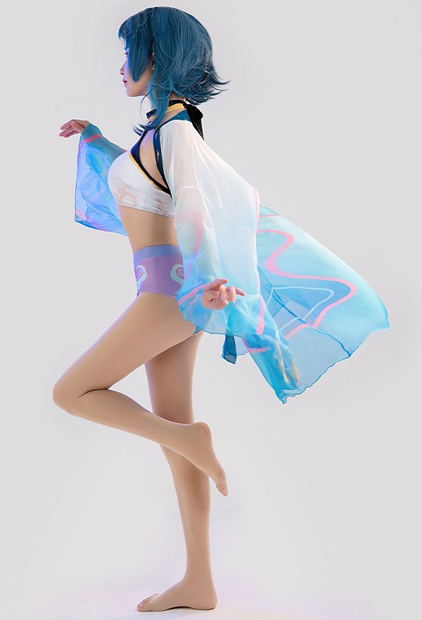 Xiao Derivative Haori Cover-up with Gradient Blue Wave Pattern Wide Sleeve Summer Kimono Coverups