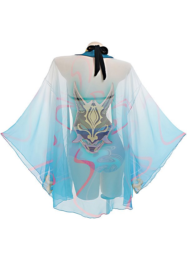 Xiao Derivative Haori Cover-up with Gradient Blue Wave Pattern Wide Sleeve Summer Kimono Coverups
