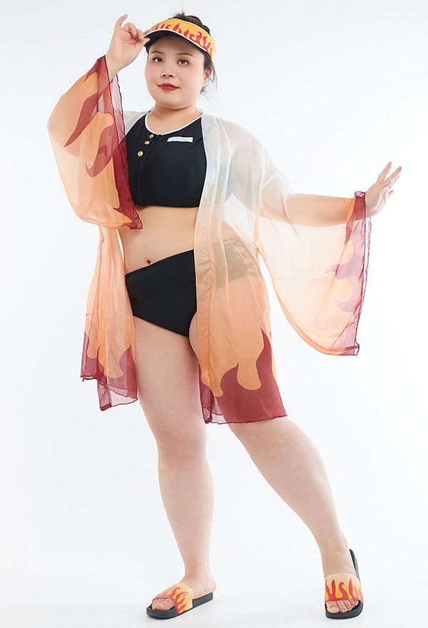Bañador de playa de gasa con cubierta KNY Flame Cosplay Haori para tallas grandes