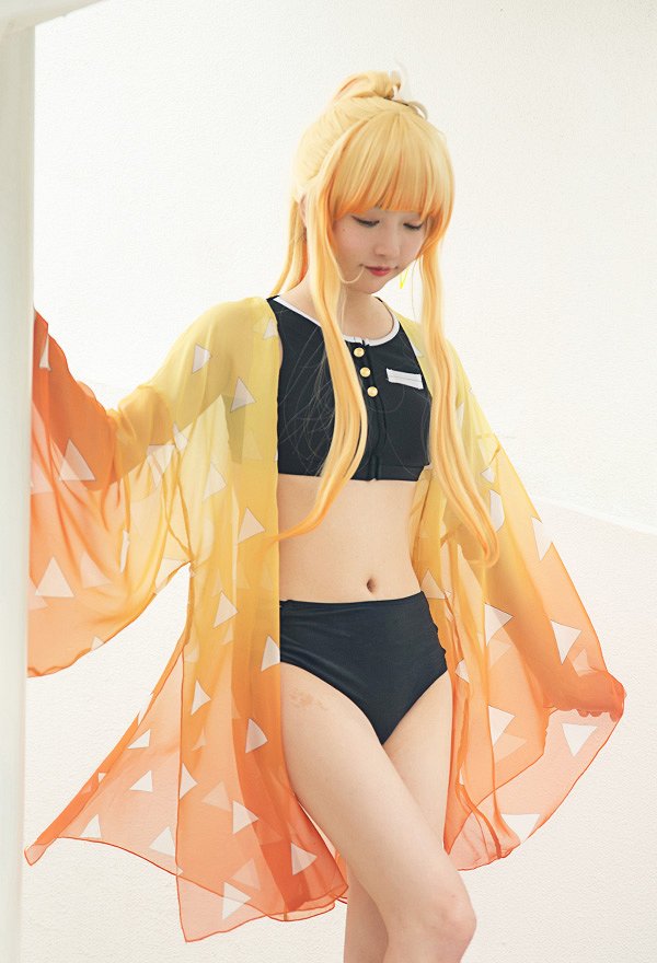 Miccostumes Trajes de baño Naranja degradado Triángulo estampado Hilo Kimono Haori Cubierta
