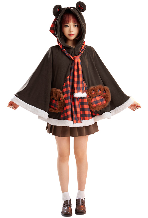Weihnachten Christmas Umhang mit Kapuze Kawaii Bär Schwarz Rot Gitter Cape