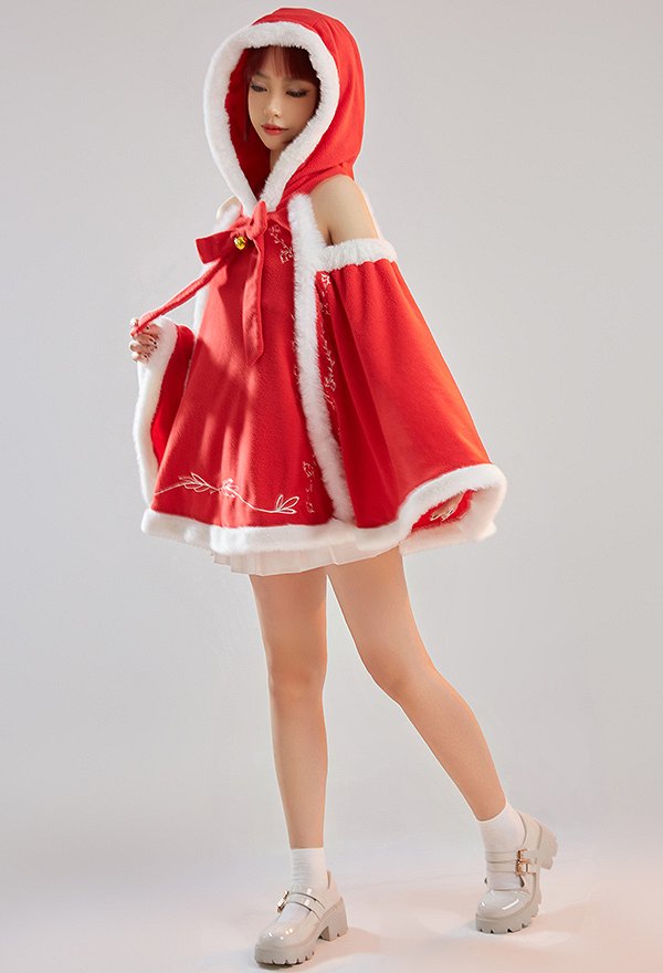 Christmas Cape à Capuche épaules Dénudées Kawaii Cape à Motif de Cloche Manche Longue