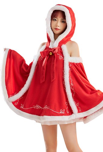 Christmas Hooded Cloak Red Poncho Cape Batwing Sleeve Coat for Women