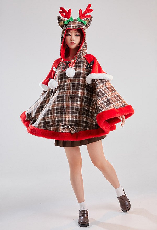 Weihnachten Christmas Umhang mit Kapuze Kawaii Gitter Schleife Elch Cape