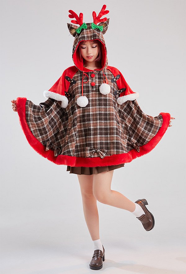 Weihnachten Christmas Umhang mit Kapuze Kawaii Gitter Schleife Elch Cape